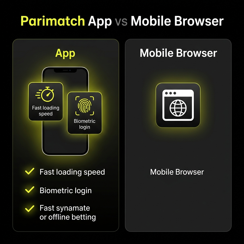 Parimatch App vs Mobile Browser comparison — app wins on speed, biometric login and push notifications