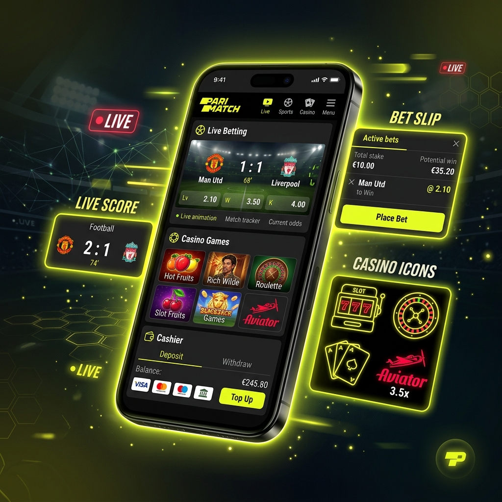 Parimatch mobile app showing live betting, casino games and cashier on smartphone