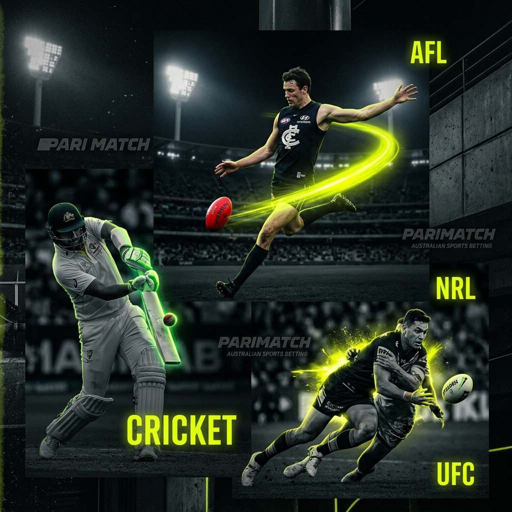 Parimatch Australian sports — cricket batsman, AFL player kicking, NRL tackle, UFC fighter with neon yellow-green glow