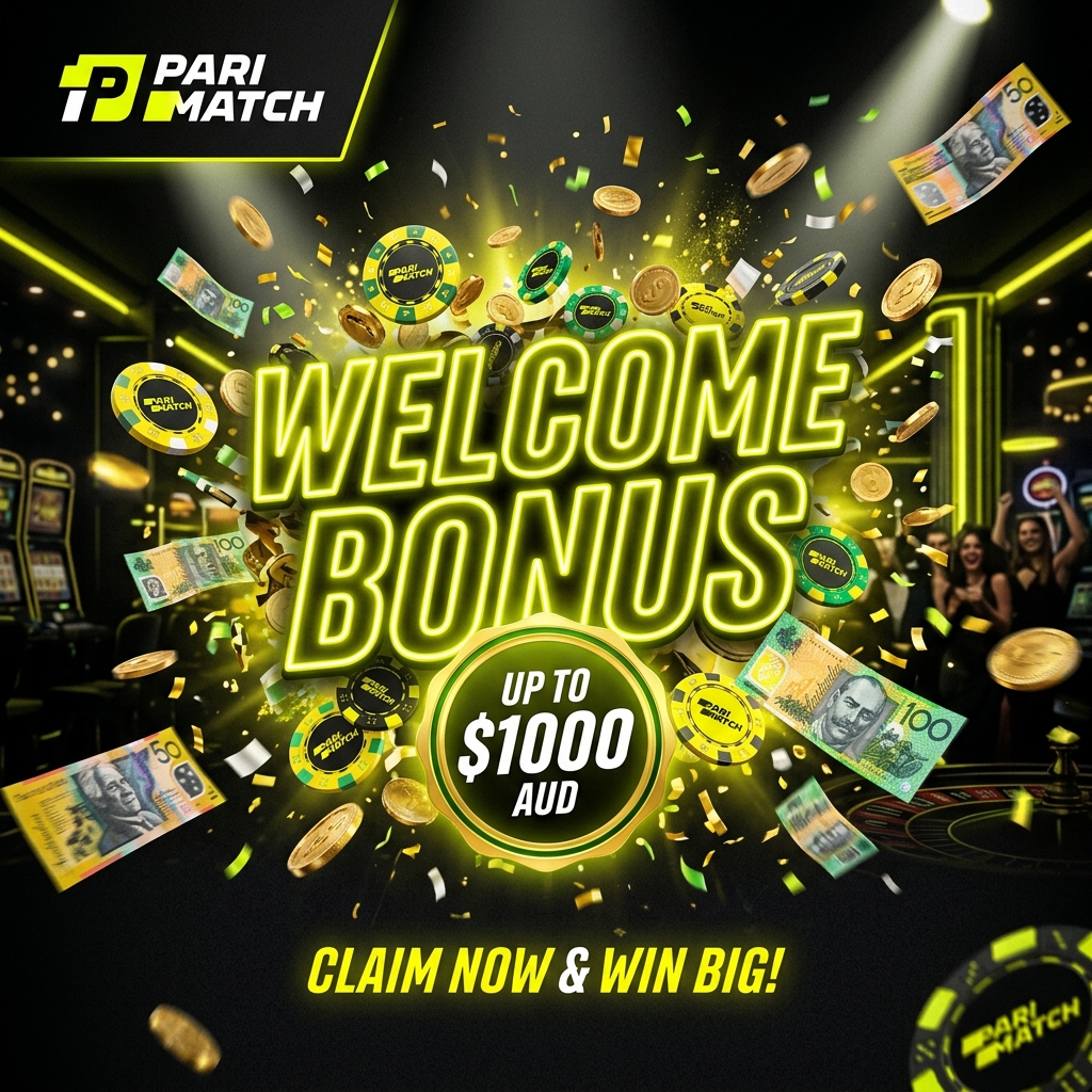 Parimatch welcome bonus up to $1000 AUD — casino chips and Australian dollars exploding