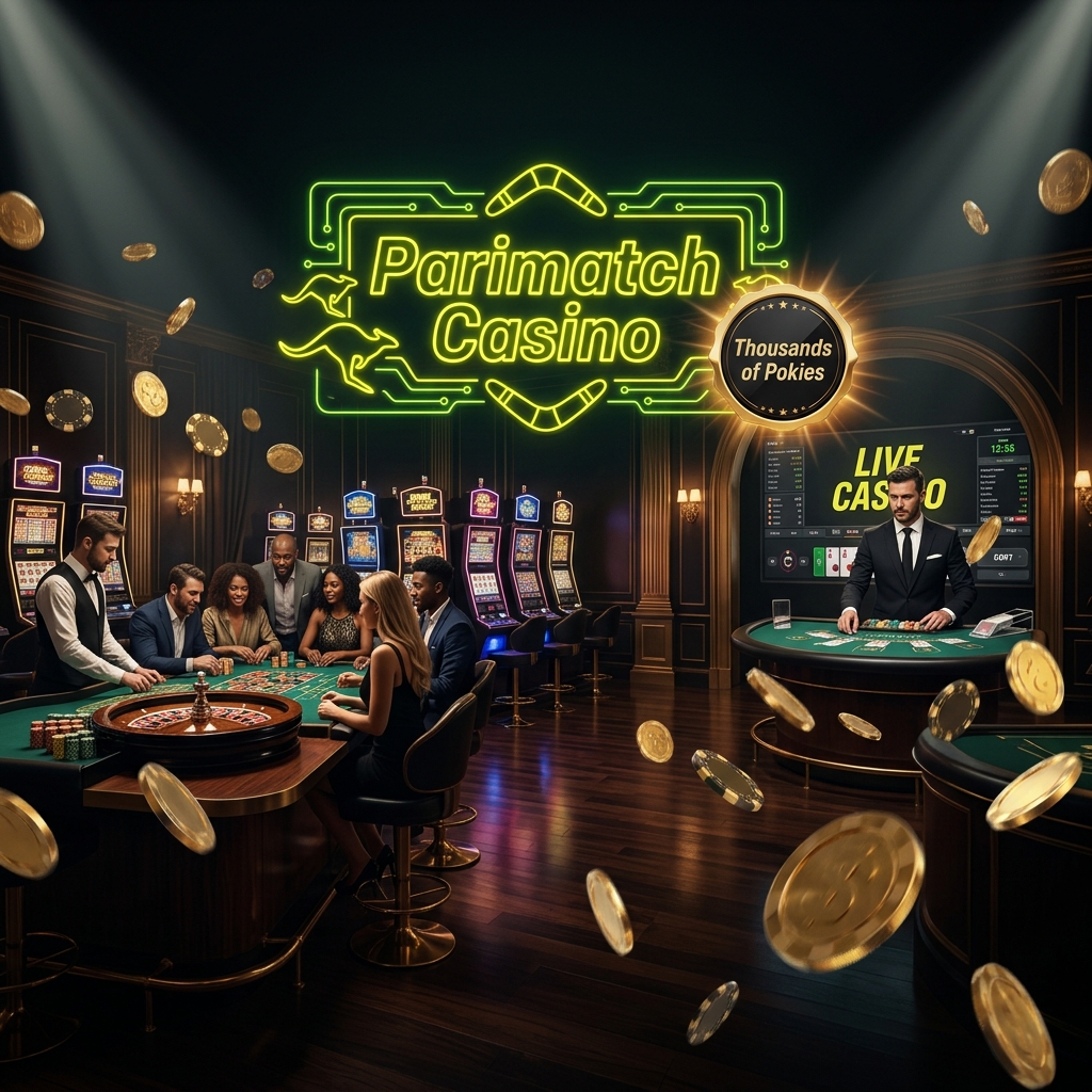 Parimatch Casino Australia — slot machines, roulette table and live dealer in luxury casino interior