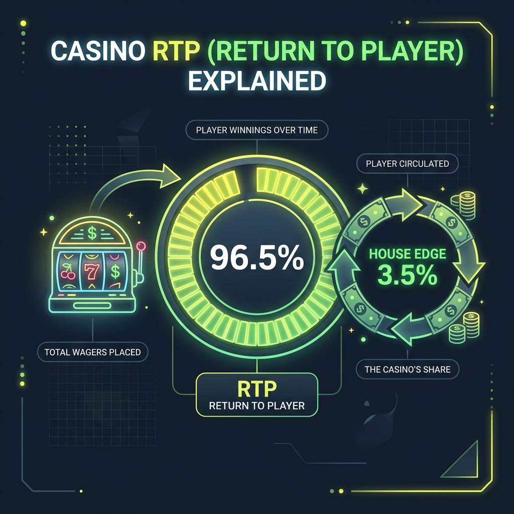 Casino RTP Return to Player explained — 96.5% gauge with house edge 3.5% diagram