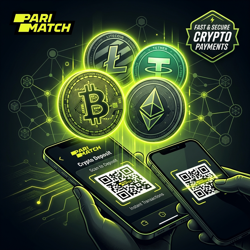 Parimatch crypto deposit — Bitcoin, Tether and Ethereum coins with QR code scan on smartphone
