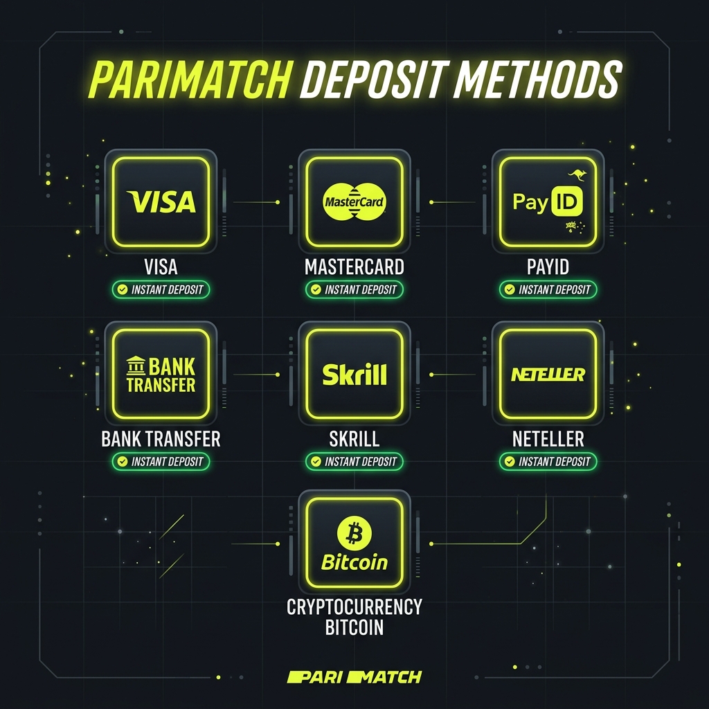 Parimatch deposit methods — Visa, Mastercard, PayID, Skrill, Neteller, Bitcoin icons