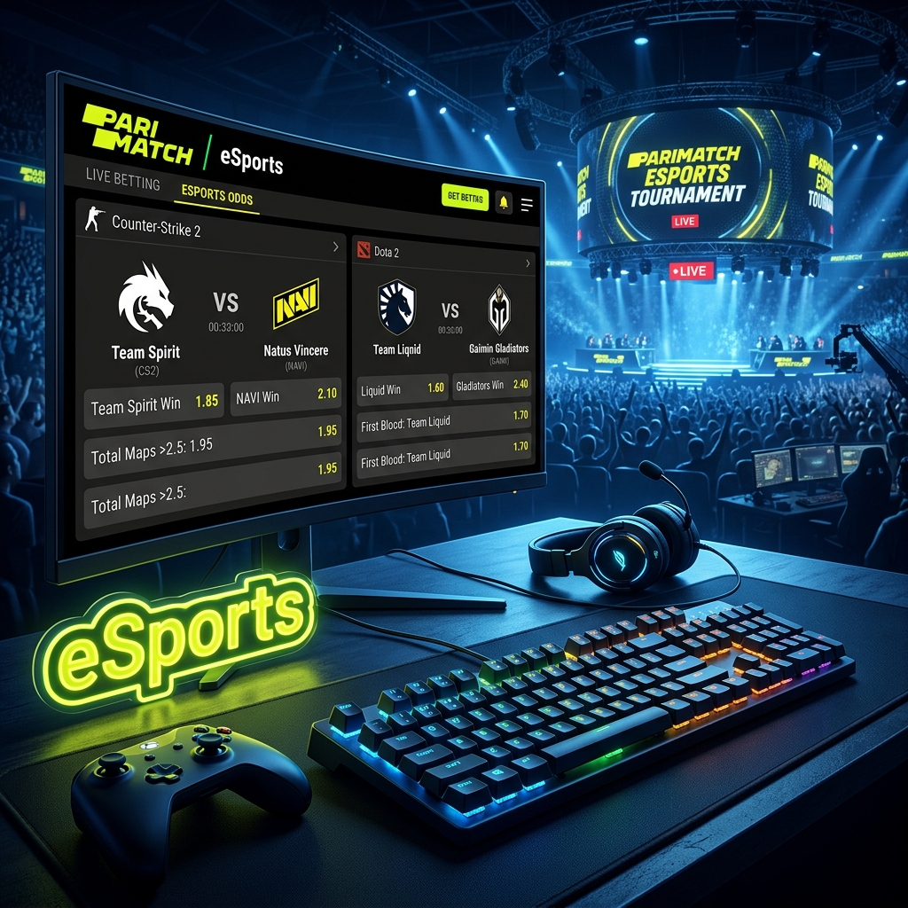 Parimatch eSports betting — CS2 and Dota 2 tournament odds on gaming monitor with RGB keyboard