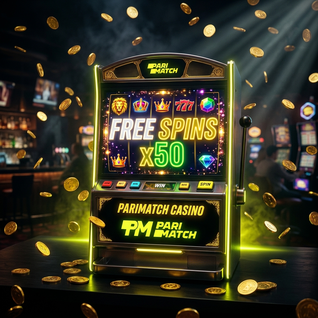 Parimatch casino free spins — slot machine showing FREE SPINS x50 with gold coins