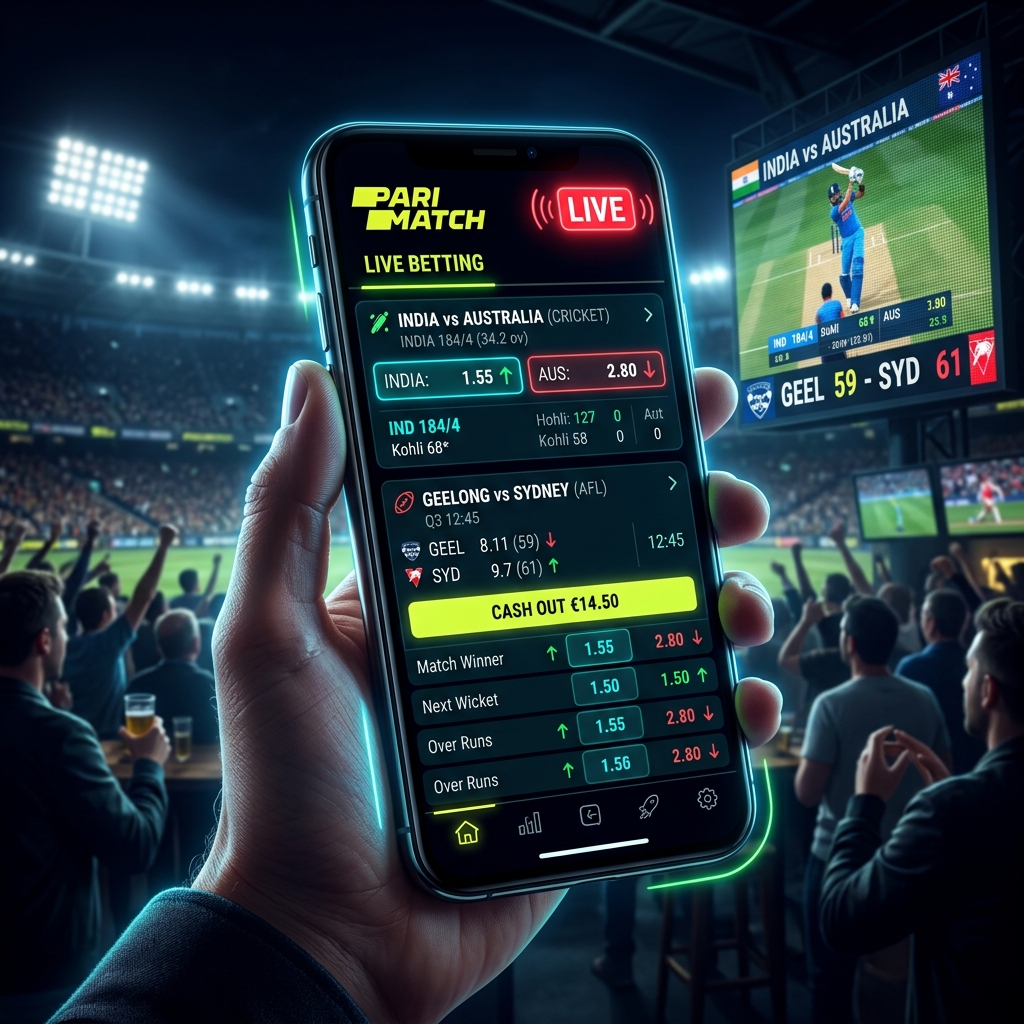 Parimatch live in-play betting — smartphone showing LIVE cricket and AFL odds with Cash Out button