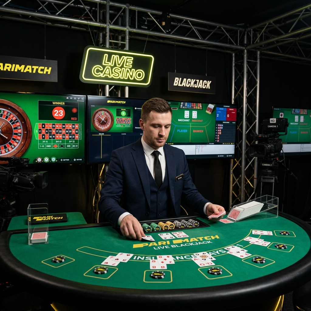 Parimatch live casino — professional dealer at blackjack table with HD cameras and Evolution Gaming studio