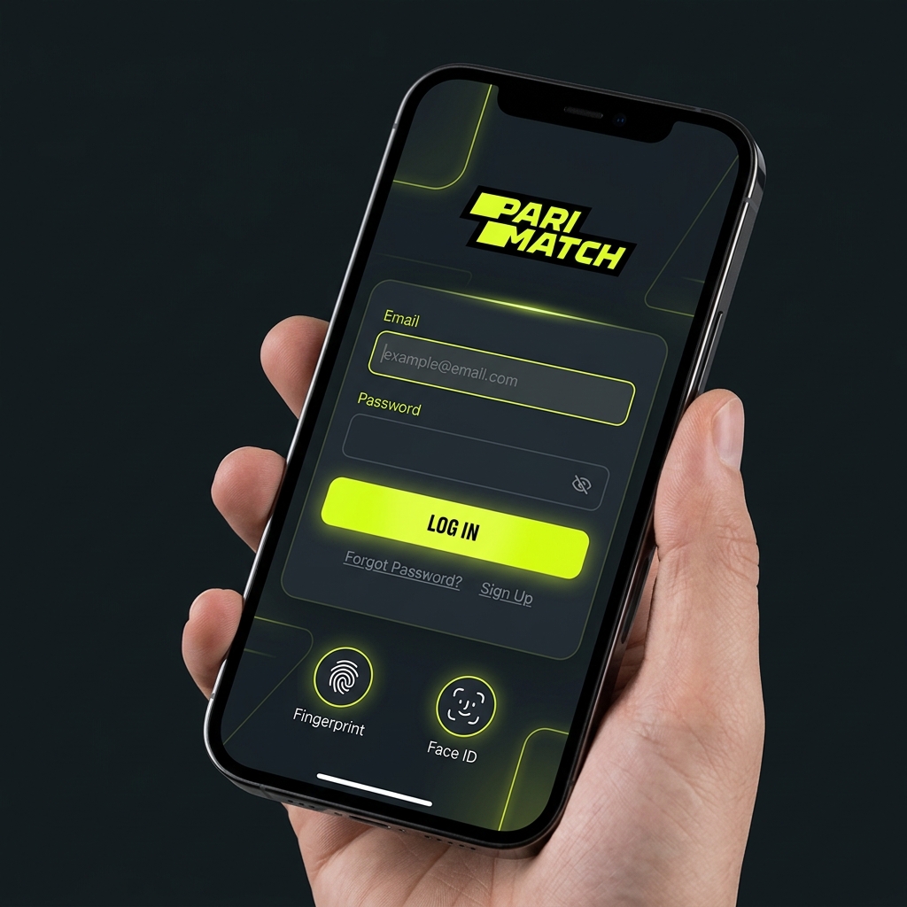 Parimatch login screen on iPhone — dark mode app with email, password fields, fingerprint and Face ID login
