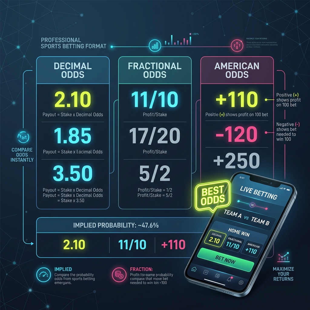 Sports betting odds formats — Decimal 2.10, Fractional 11/10, American +110 comparison infographic