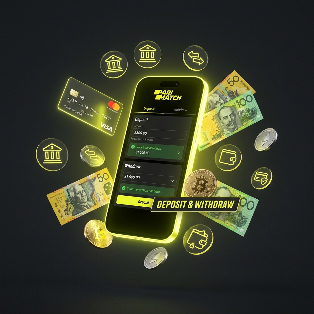 Parimatch deposit and withdrawal — Visa, Mastercard, Bitcoin and AUD cash around a smartphone