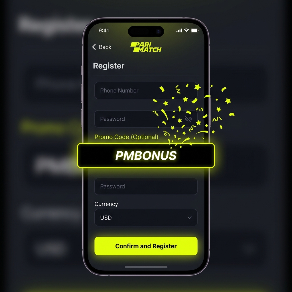 Parimatch promo code PMBONUS entered in registration form on iPhone app