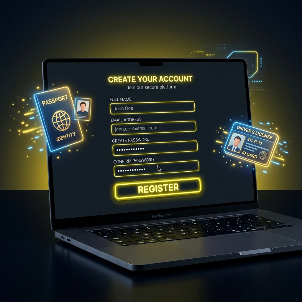 Parimatch account registration form on laptop with KYC document icons