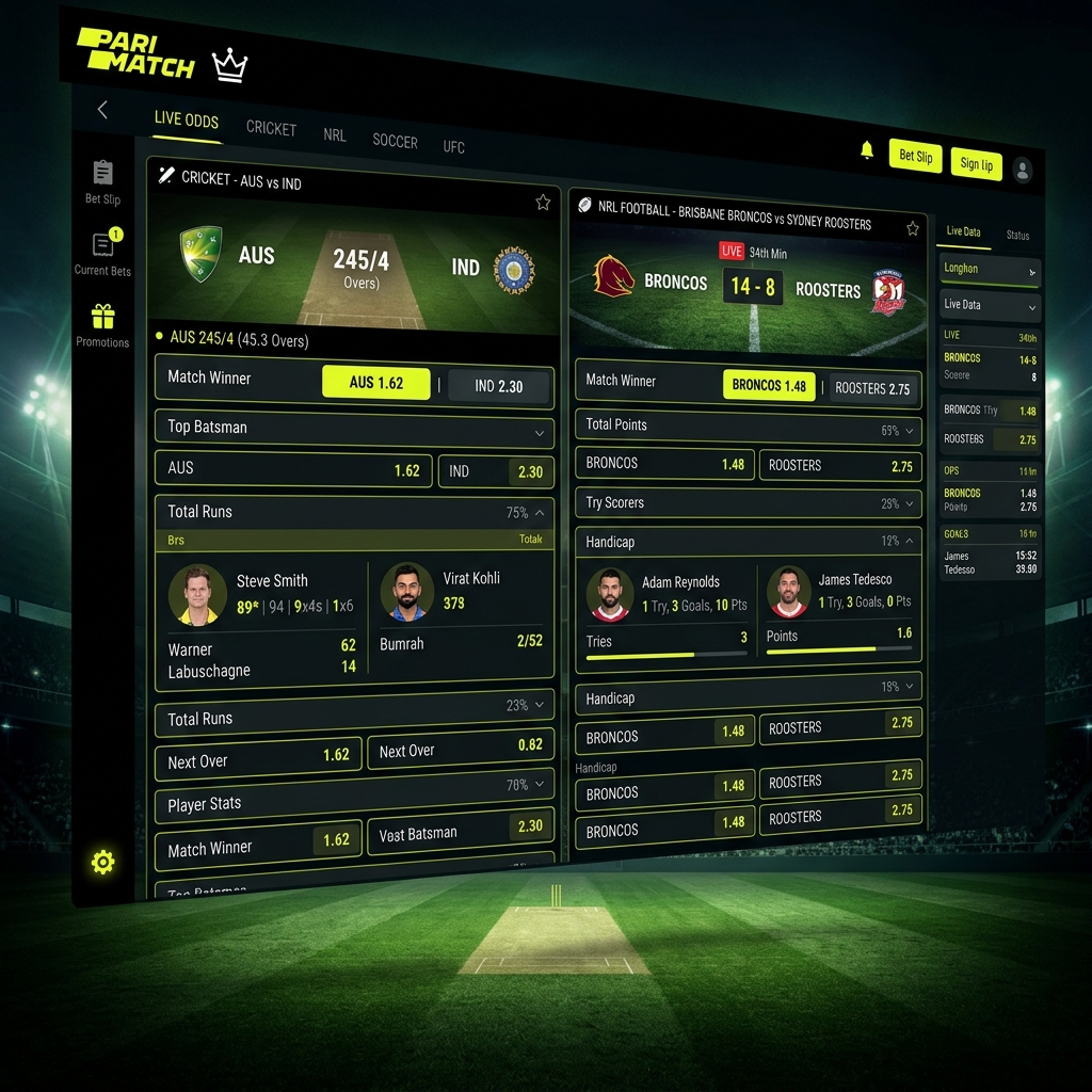 Parimatch sports betting sportsbook — live Cricket AUS vs IND and NRL Brisbane Broncos vs Sydney Roosters odds and markets