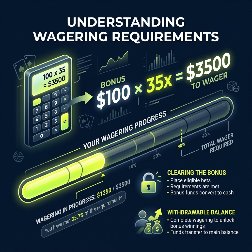 Wagering requirements infographic — $100 bonus x 35x = $3500 total wager needed, progress bar