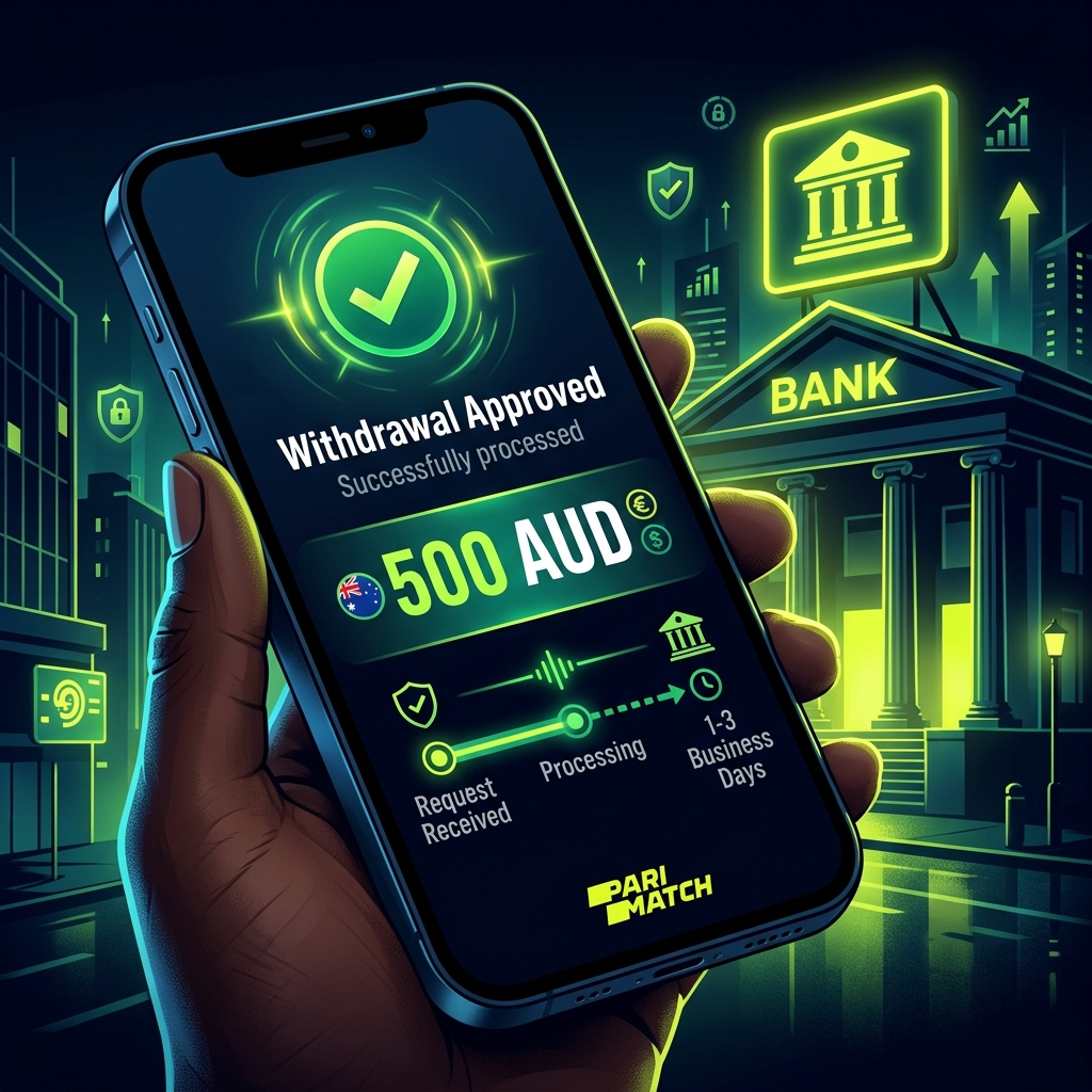 Parimatch withdrawal approved — 500 AUD withdrawal confirmation with timeline on smartphone